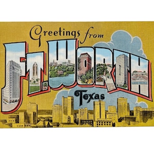 Carte postale vintage des années 40 Greetings from Ft Worth Texas grande lettre - Timbre à slogan annulé sur la Statue de la Liberté 1 cent - Occasion