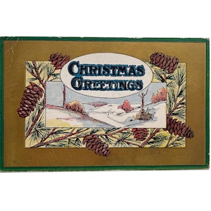 Postal navideña antigua de 1909: postal dorada en relieve con bellotas y escena navideña invernal. Sello de un centavo de Benjamin Franklin. Usado.