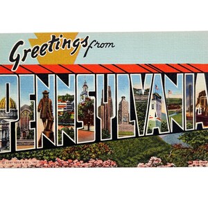 Grande grande carte postale aux lettres de Pennsylvanie, vintage des années 40 - Sites d'intérêt et monuments - inutilisée