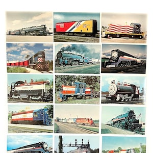 Lote vintage com 15 cartões postais de trens patrióticos colecionáveis - locomotivas a vapor, passageiros, ferrovias, locomotivas, bondes, litoral