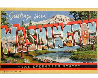 Vintage 1940s Greetings fromWashington - Evergreen State - Large Letter Postcard - Landmarks and Monuments - Unused