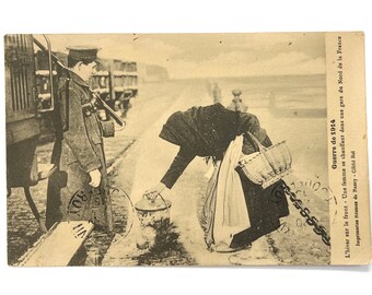 Antique War of 1914 France - Used Post Card of Black and White Photo Woman at Train Station