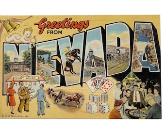 Vintage 1940s Greetings from Nevada Large Letter Postcard - Unused