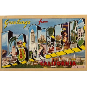 Carte postale vintage des années 40 Greetings from Los Angeles California grande lettre - inutilisé