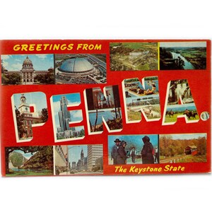 Cartolina d'epoca degli anni '60 Saluti dalla Pennsylvania o Penna Tourism Landmark - The Keystone State - Inutilizzata