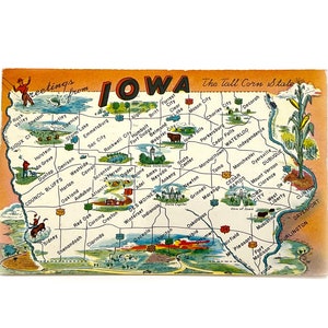 Cartolina d'epoca "Saluti dall'Iowa" del 1956 - Lo Stato del Granturco Alto - Francobollo Purple Liberty da 3 centesimi - Usato