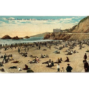 Vintage 1927 Cliff House Beach and Seal Rocks, San Francisco, Californië ansichtkaart - burger militair trainingskamp - rode Washington 2c stempel