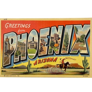 Carte postale vintage des années 40 Greetings from Phoenix, Arizona, grande lettre - Rodéo - Occasion au crayon