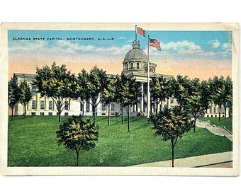 Postal vintage del Capitolio del Estado de Alabama - Sin usar - Sello verde claro de Benjamin Franklin de 1923 - Cancelación de correo aéreo