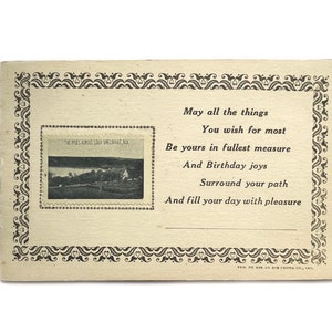 Postal antigua de felicitación de cumpleaños de la década de 1910 - The Pines Across Loch Sheldrake, Nueva York - Sello fotográfico - Raro y sin usar
