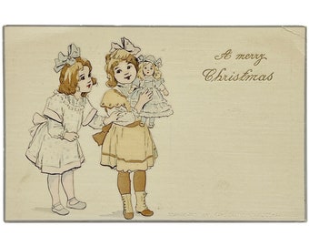 Vintage 1918 Merry Christmas Greeting - Artistic Series of Young Girls with a Doll - Holiday Party Invites - Unused