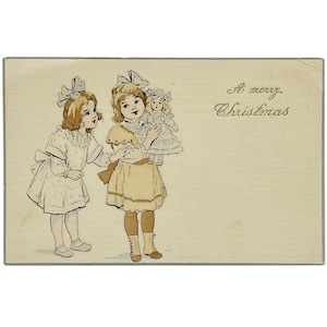 1918年製ヴィンテージのメリークリスマスグリーティングカード - 人形を持った少女たちの芸術的なシリーズ - ホリデーパーティー招待状 - 未使用