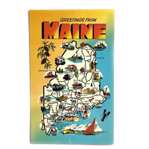 Postal vintage de la década de 1960 con saludos desde el mapa turístico principal - El estado de Pine Tree - Sin usar