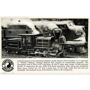 Locomotiva Minnetonka Northern Pacific Railway vintage de 1948, cartão postal da Chicago Railroad Fair - cartões colecionáveis de trem - sem uso