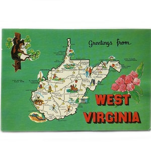 Vintage 1980er Jahre Greetings from West Virginia Map Turismo Art Gallery Postkarte - gebraucht - gestempelt