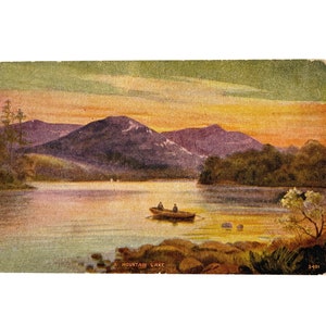 Cartolina antica del 1911 - Un lago di montagna - Scene di montagne, lago e persone in canoa - Francobollo Benjamin Franklin da 1 centesimo con annullo fronte-retro