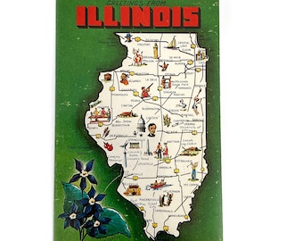 Vintage 1950s Greetings from Illinois Big Large Letter Map Postcard - Prairie State - Unused