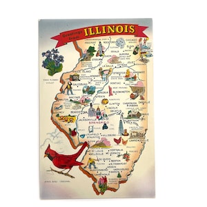 Carte postale vintage des années 1950 Greetings from Illinois Big Large Letter Map - Faits amusants - inutilisé