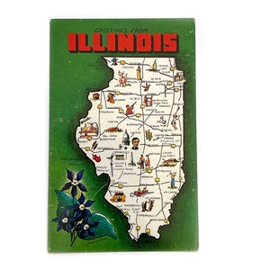Cartolina postale vintage degli anni '50 con saluti dall'Illinois, grande e grande, con mappa - Prairie State - mai usata