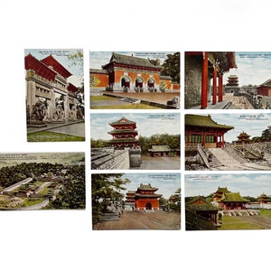 Juego de 8 postales chinas Mukuden, Mukden, sin usar, de las décadas de 1920 y 1930 - Mausoleos de Peo-Ling, Salón Ryuon, Pei-Ling