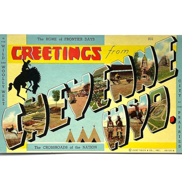 Vintage 1930s Greetings from Cheyenne Wyoming Postcard - Home of Frontier Days - Crossroads of the Nation - Unused