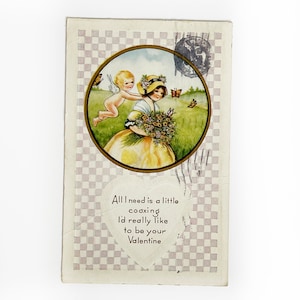 Carte postale vintage 1918 pour la Saint-Valentin - ange Cupidon - messe à la Whitney Made Worcester - timbre George Washington rouge de deux cents
