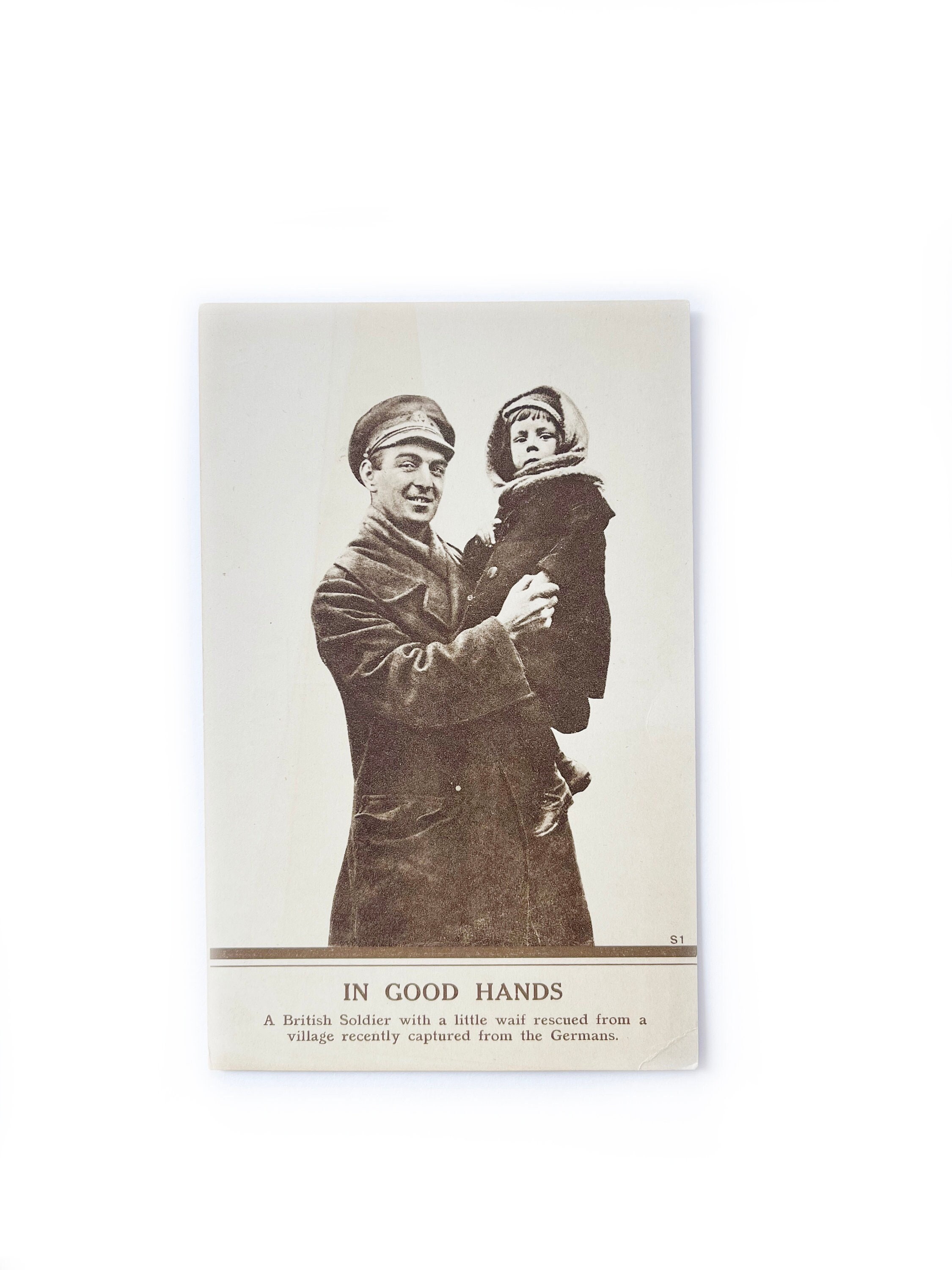 Antique WWII Real Photo Postcard - British Soldier Holding Child Rescued from The Germans - Unused