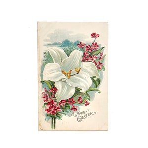 Carte postale vintage 1913 Pâques lys blanc en relief - Joyeuses Pâques - Timbre George Washington Line One Cent