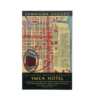 Cartolina d'epoca degli anni '40 del centro di Chicago, YMCA Hotel - inutilizzata