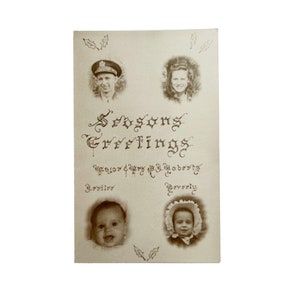 Retrato de família antigo dos anos 1900, Saudações da estação - Preto e branco, foto real - Cartão postal de Natal - Sem uso