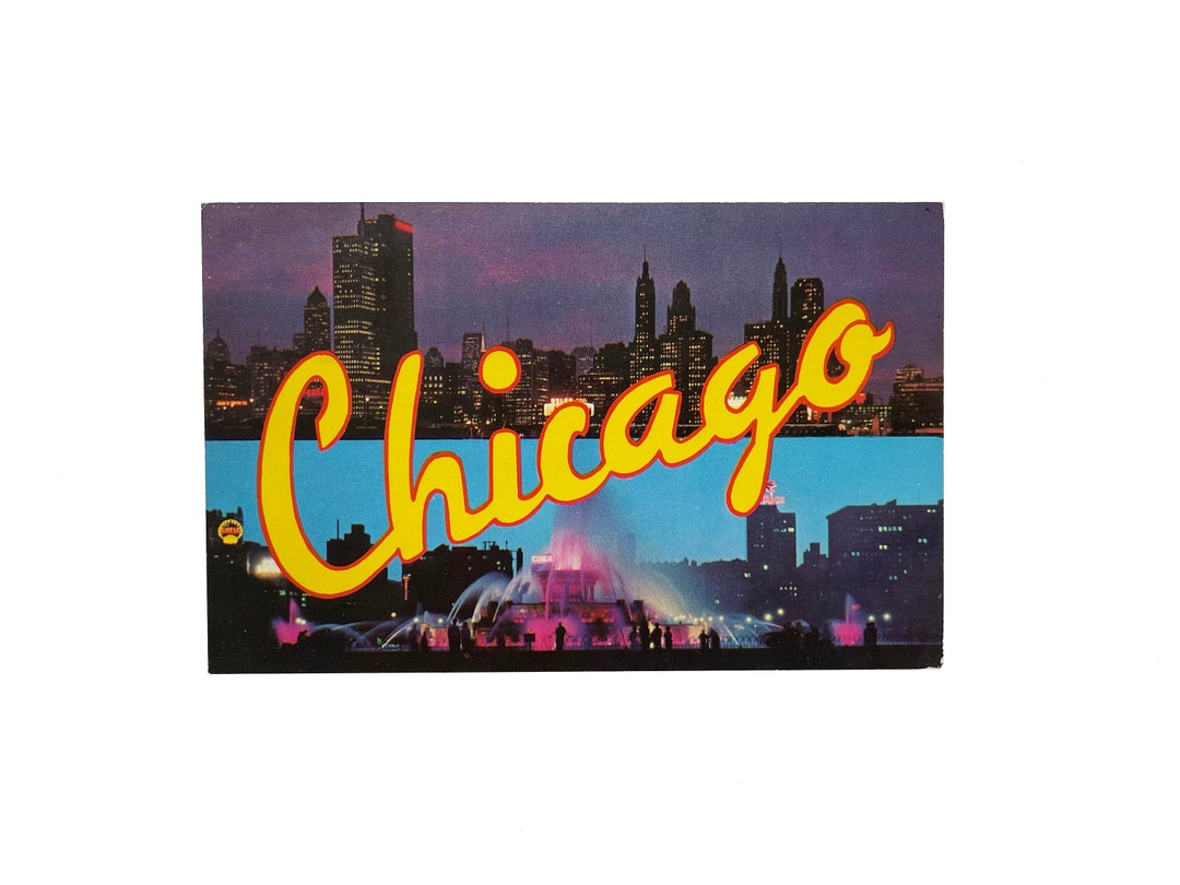 Vintage Night in Chicago Skyline Big Letter Postcard Unused - Etsy