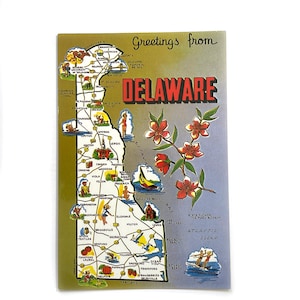 Cartolina postale vintage con mappa del Delaware, grande e con punti di riferimento e curiosità - mai utilizzata