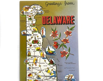 Postal vintage de saludos desde Delaware con mapa grande, lugares de interés y datos curiosos (sin usar)