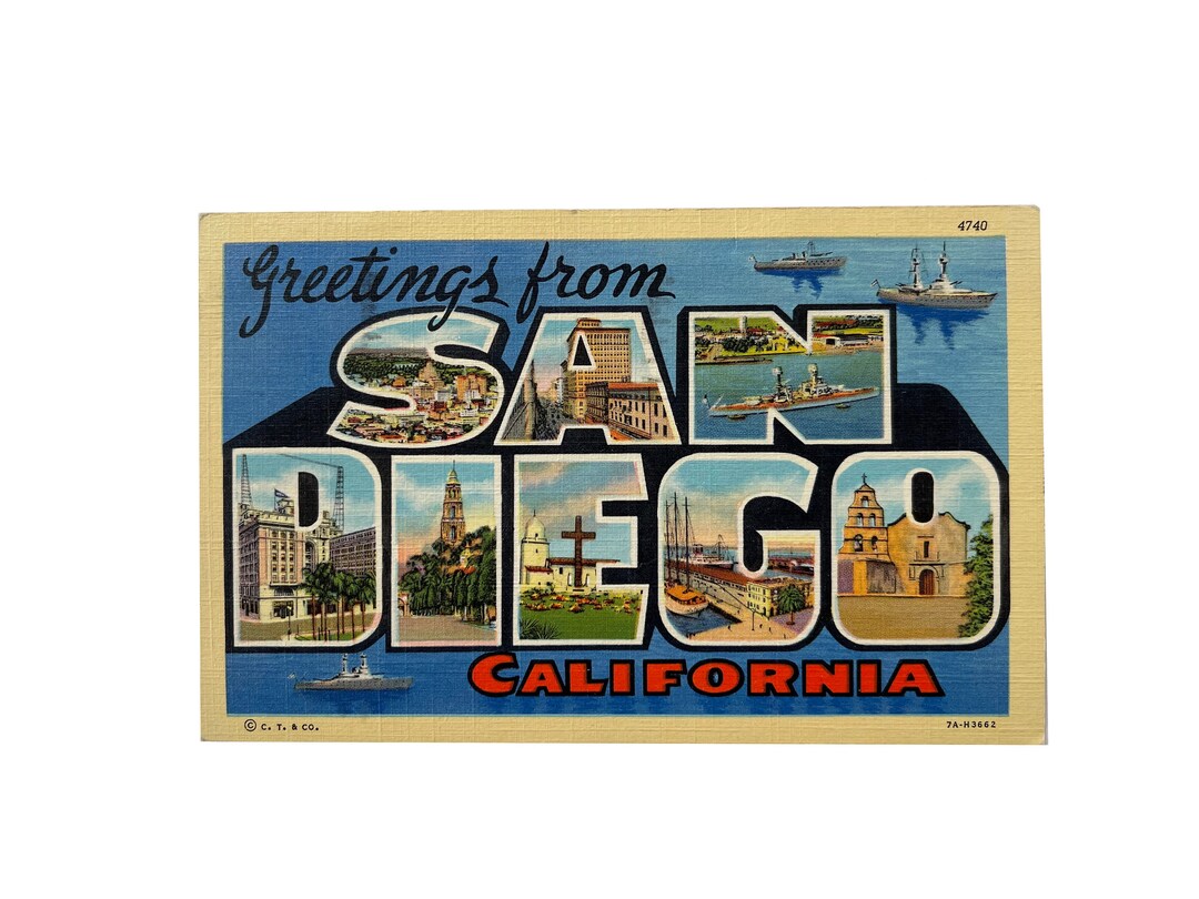 Vintage 1942 Greetings From San Diego California Large Letter Postcard ...