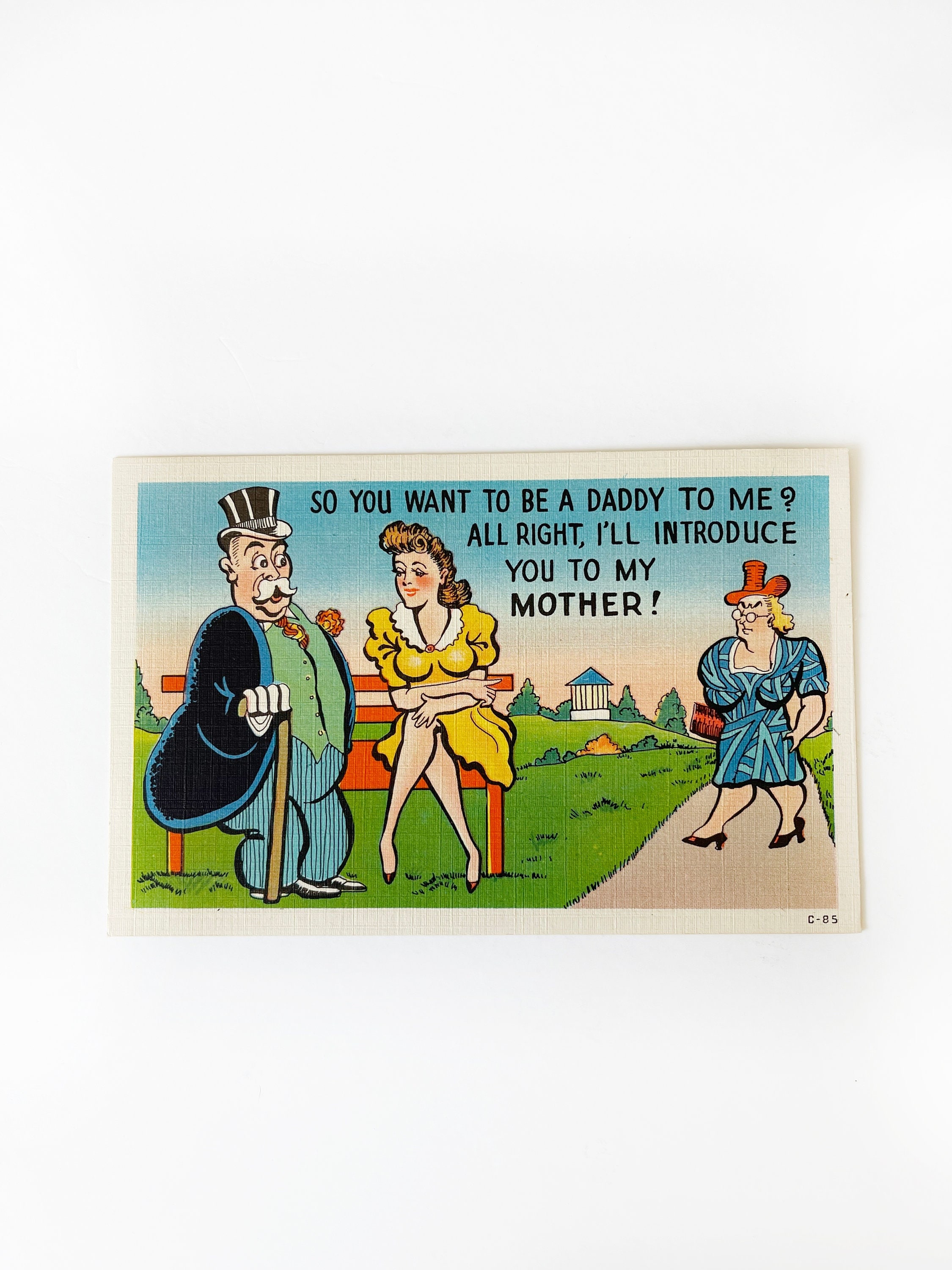 Vintage 1940s Unused Illustrated Post Card - Sugar Daddy - Comic