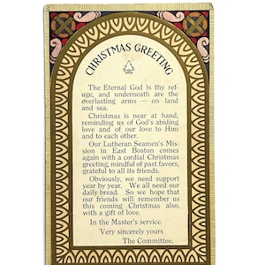 Vintage kerstwenskaart uit de jaren 1920 van Lutheran Seamens Mission in East Boston - ongebruikt