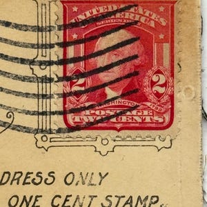 Cartão postal antigo de amizade de 1907 com selo Carmine Washington de 2 centavos, 12 perfurações - Cancelar bandeira