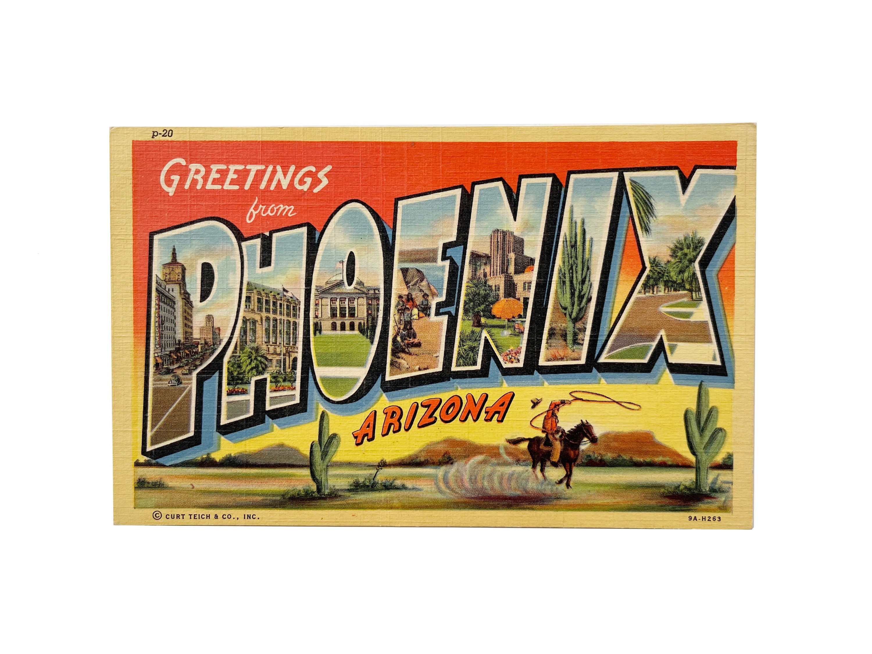 アート・デザイン・音楽 americans [1940-2006] Vintage 1940s Greetings From Phoenix Arizona Large Letter Postcard
