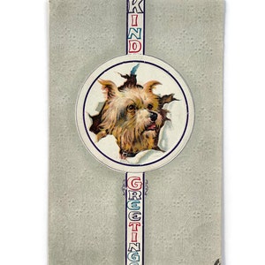 Carte postale vintage 1912 Terrier Dog Kind Greetings nouveauté avec timbre George Washington 1c - Ligne du CO à WA