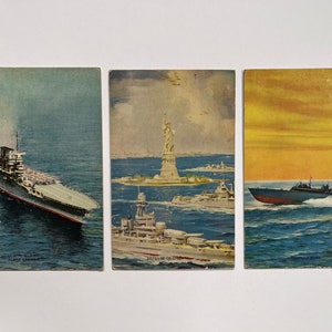 Lot de 3 - Cartes Mutoscope de la Seconde Guerre mondiale - Navires de guerre - Cartes postales d'insignes C. 1940