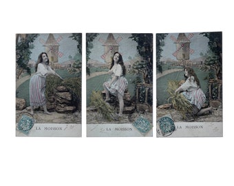 1900s Antique Set of Three Tinted RPPC Beautiful French Girl Modeling The Harvest - Vintage Portrait Hand Colored Collotype Print - Unused