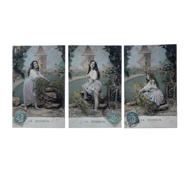 1900s Antique Set of Three Tinted RPPC Beautiful French Girl Modeling The Harvest - Vintage Portrait Hand Colored Collotype Print - Unused