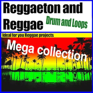 Op de afbeelding: Een digitale download van reggae en reggaeton drum- en loopsamples. De afbeelding toont een tropische zonsondergang met palmbomen die in het water worden weerspiegeld. De tekst "Reggaeton and Reggae Drum and Loops" is in zwart en groen. De tekst "Ideal for you Reggae projects" is in wit. De tekst "Mega collection" is in wit op een rode, gele en groene achtergrond.
