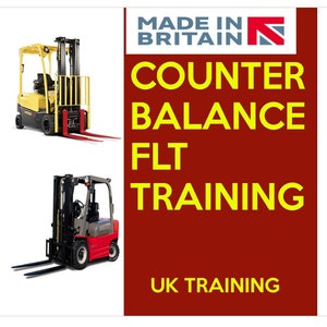 May include: Two forklifts, one yellow and one red, are shown in front of a red background with the text "MADE IN BRITAIN" and "COUNTER BALANCE FLT TRAINING" in yellow. The text "UK TRAINING" is also shown in yellow at the bottom of the image.