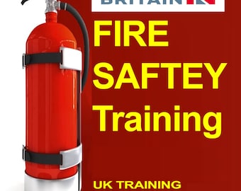 Puede incluir: Extintor rojo con una correa negra y una manguera. El fondo es rojo con texto amarillo que dice "MADE IN BRITAIN", "FIRE SAFTEY Training", y "UK TRAINING FIRE SAFTEY AWARENESS".