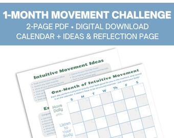 Sfida di movimento / Piano di allenamento digitale e stampabile di 1 mese / Tracker di esercizi a casa / Consapevolezza / Esercizi a corpo libero / Stretching consapevoli