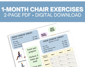 Sfida di esercizi sulla sedia / Piano di allenamento digitale stampabile di 1 mese / Tracker della forza domestica / Esercizi sulla scrivania senza attrezzature a corpo libero