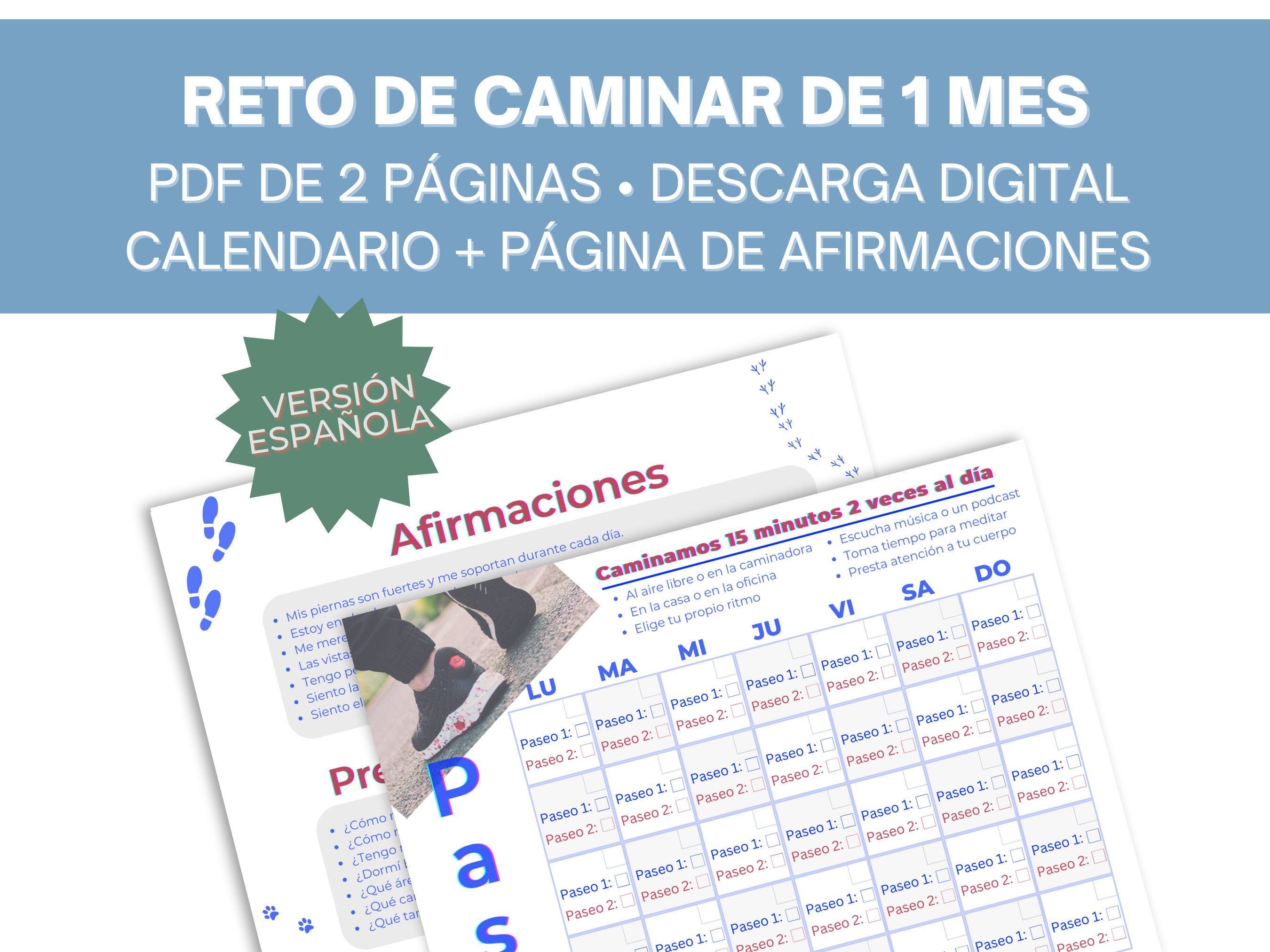 Sfida di camminata SPAGNOLO / Piano di allenamento digitale stampabile di 1 mese / Tracker della camminata a casa / Sfida di passi / Esercizi a corpo libero
