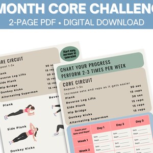 Core & Bauch Übung Herausforderung | 1-Monatiger digitaler, druckbarer Trainingsplan | Home Fitness Tracker | Gerätefreie Eigengewichtsübungen