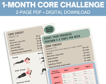 Sfida di esercizi per core e addominali / Piano di allenamento digitale e stampabile di 1 mese / Monitoraggio della forza domestica / Esercizi a corpo libero senza attrezzature
